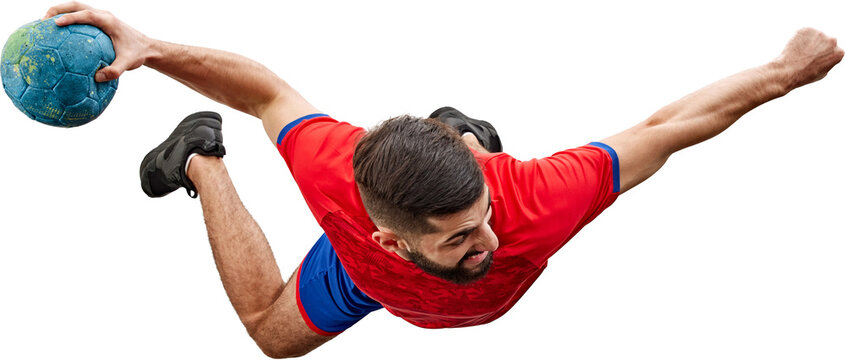 Top view, dynamic image of young man in red and blue uniform, handball player in motion with ball during game isolated on transparent background. Concept of professional sport, game, active lifestyle