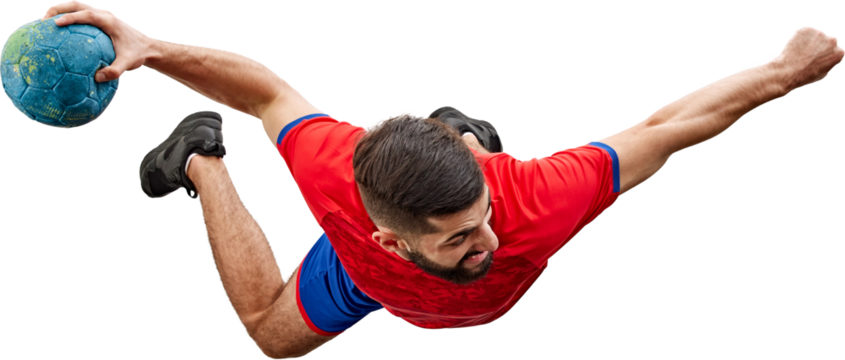 Top view, dynamic image of young man in red and blue uniform, handball player in motion with ball during game isolated on transparent background. Concept of professional sport, game, active lifestyle