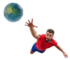 Top view image of young woman, handball player in motion reaching the ball, playing isolated on transparent background. Concept of professional sport, game, competition, active lifestyle