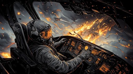 A pilot in a futuristic cockpit amidst an explosive sky, showcasing a dramatic aerial scene.