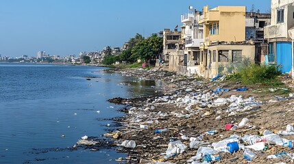 A coastal town overwhelmed by piles of plastic waste washing ashore after a major storm. 