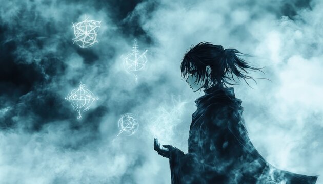 Sorcerer conjuring magic symbols in a mystical atmosphere