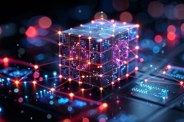 Digital cube illuminated with vibrant lights showcases interconnected network design in a futuristic tech environment