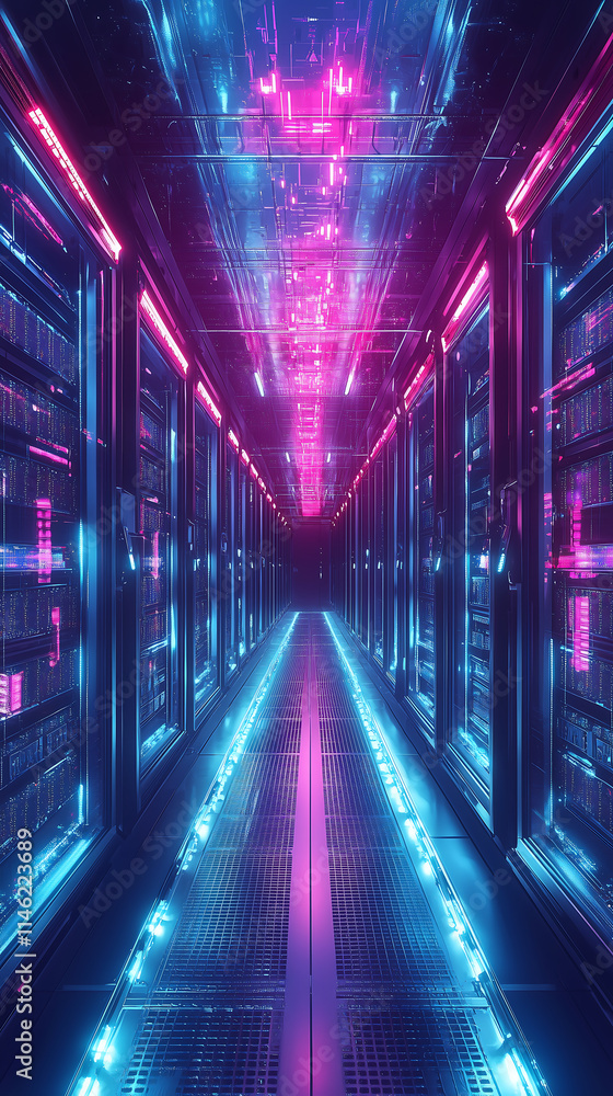 Poster neon lit futuristic server corridor with advanced data infrastructure