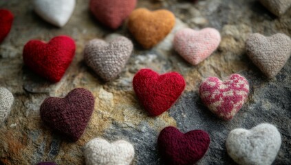 Obraz premium Valentine's Day concept of beautiful handmade hearts made of fabric and wool in various colors on stone background