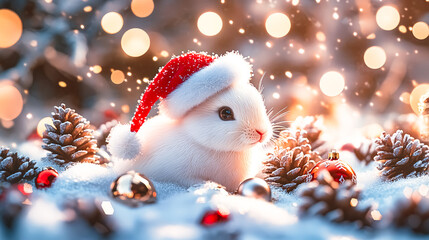 White cute rabbit in a hat on the snow, Christmas tree toys and cones are lying nearby, It's snowing. New Year's illustration.