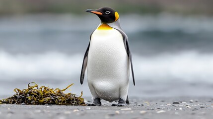Fototapeta premium King penguin standing on beach near seaweed.