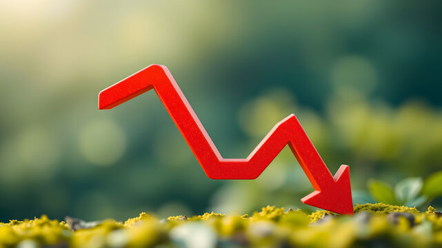 Red downward arrow on green moss, symbolizing decline or decrease.