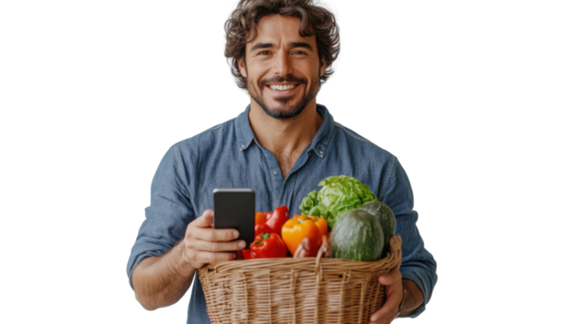 man holding a basket full of vegetables on white background - Powered by Adobe