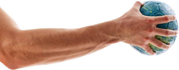 Muscular male hand holding handball ball isolated on transparent background. Handball player in motion. Concept of professional sport, game, competition, active lifestyle