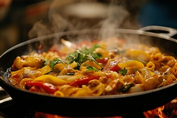 Bright colors of fresh vegetables and seasoned meat swirl in a skillet over gentle flames, creating an enticing aroma and visual delight in a lively kitchen setting as day turns to night