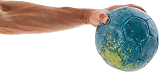 Muscular male hand holding handball ball isolated on transparent background. Handball player with ball. Concept of professional sport, game, competition, active lifestyle