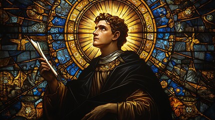 Saint Thomas Aquinas portrayed in a breathtaking stained-glass artwork, holding a quill with a glowing sunburst halo, radiant gold and deep blue geometric patterns framing the divine ambiance,