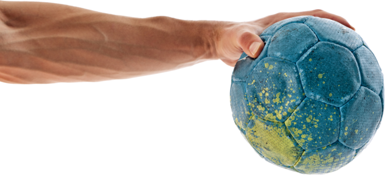 Muscular male hand holding handball ball isolated on transparent background. Handball player with ball. Concept of professional sport, game, competition, active lifestyle