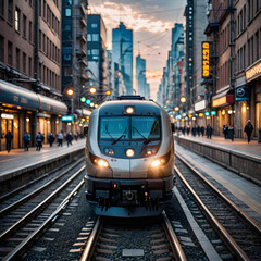 Naklejka premium araful train on the tracks in a city at dusk