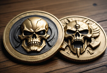 Close-up of fantasy pirate coins made of solid gold on a wooden table, one coin features a winged skull on the obverse