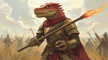 Red dragonborn warrior in golden armor holds a torch, leading soldiers across a battlefield.