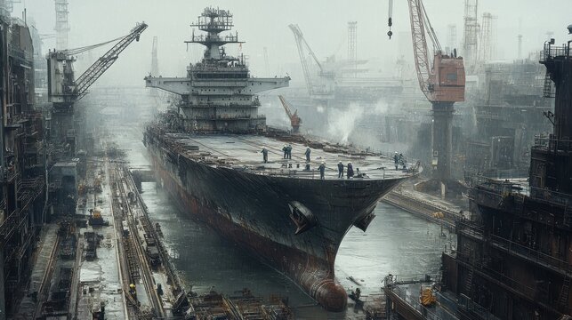A sprawling shipyard where cargo ships are being constructed and repaired, with cranes lifting steel sections into place. Workers in hard hats weld the hull, and massive propellers are positioned 