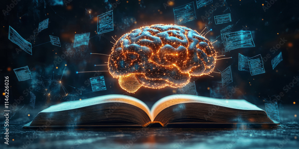Poster open book with glowing digital brain connected by data streams