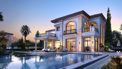 Obraz premium Contemporary luxury home exterior with swimming pool and lounge chairs at dusk