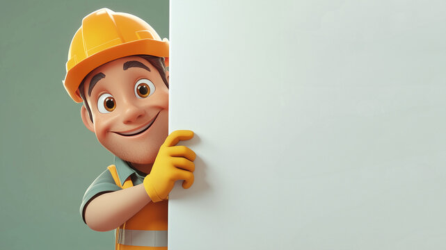 a cartoon worker wearing safety clothes, arms crossed on the side of a wall with space for text on a blank background