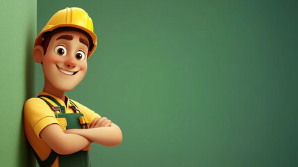 a cartoon worker wearing safety clothes, arms crossed on the side of a wall with space for text on a blank background