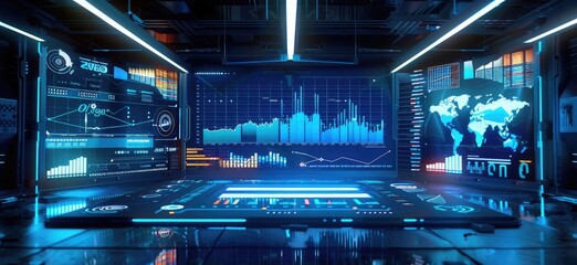 Obraz premium High-tech control room with monitors displaying graphs and various data