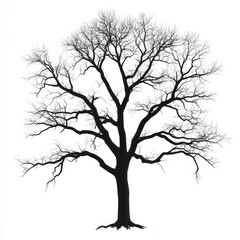 Majestic Tree Silhouette Against White Background - Photorealistic Nature Landscape with Detailed Branches and Roots