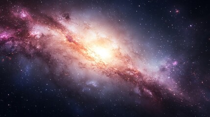 Naklejka premium Vibrant spiral galaxy with bright core and cosmic dust.