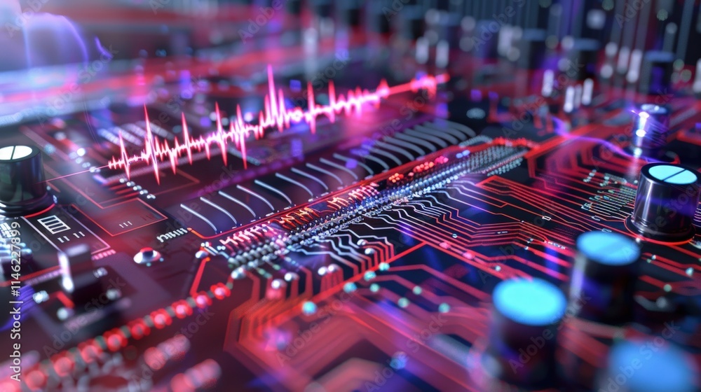 Poster close-up of a circuit board with a vibrant waveform overlay, showcasing intricate technological deta