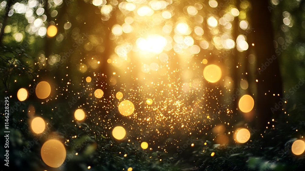 Poster blurred abstract photograph of radiant light burst filtering through lush trees, enhanced with spark