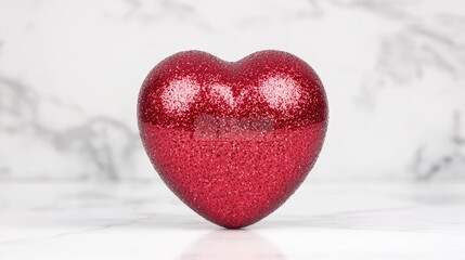 Fototapeta premium A red glittery heart stands on a white marble surface, creating a romantic and elegant composition.