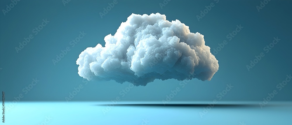 Poster a realistic, fluffy white cloud suspended in a serene blue background, creating a tranquil and dream