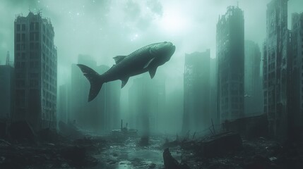 Fototapeta premium A giant fish swims through a submerged, ruined cityscape, evoking themes of decay and nature's resilience.