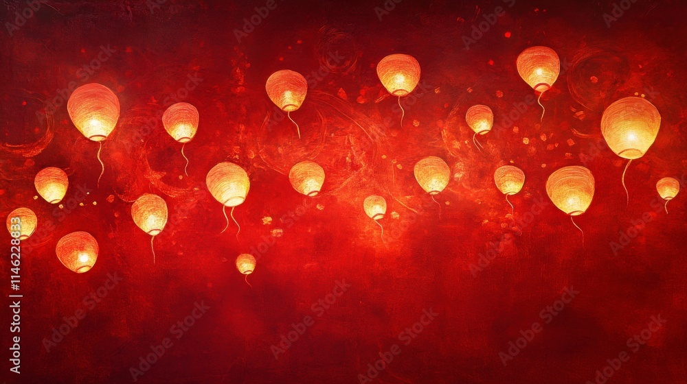 Poster floating lanterns illuminating a vibrant red background in a magical night sky setting, creating an 