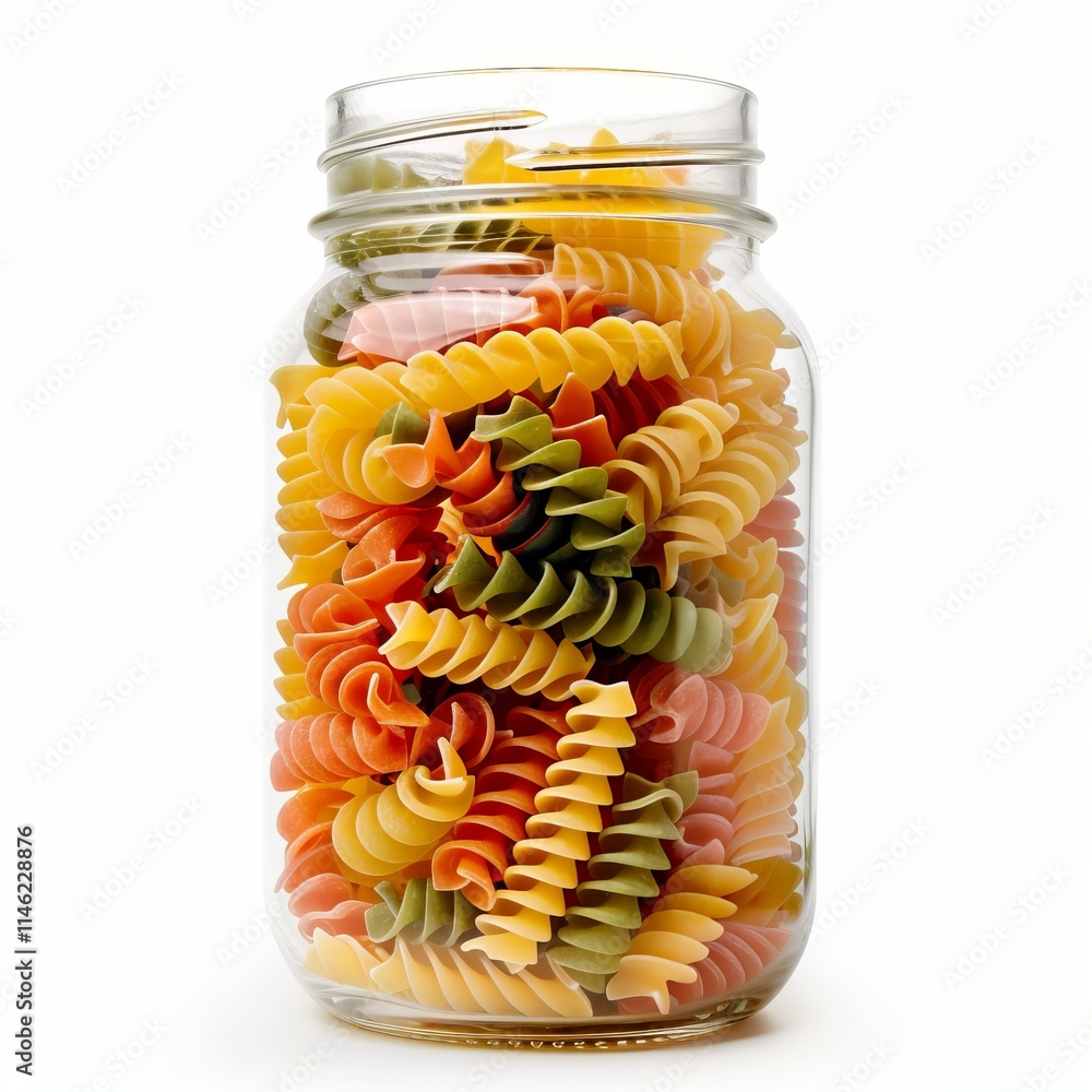 Aufkleber vibrant rotini pasta in various colors is stored in a glass jar, creating an appealing visual of foo