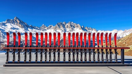 A set of many skis in a rack awaits skiers on a ski slope, ski equipment rental