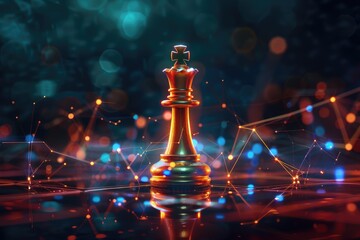 A golden chess king piece stands prominently against a backdrop of shimmering lights, symbolizing strategy and victory in the game of chess.