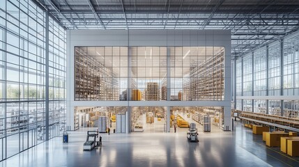 An automated warehouse with robotic systems retrieving items from towering shelves, moving efficiently to designated packing stations. Workers oversee the operations using advanced control panels, 