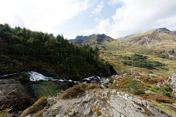 Mountainous landscape with a waterfall cascading down a rocky slope.  Forests and meadows ascend to a rugged ridgeline. Sunny day.