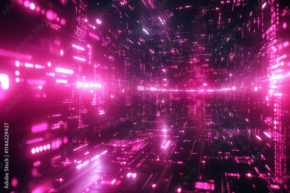 Poster high tech abstract digital background with neon lights, generative ai