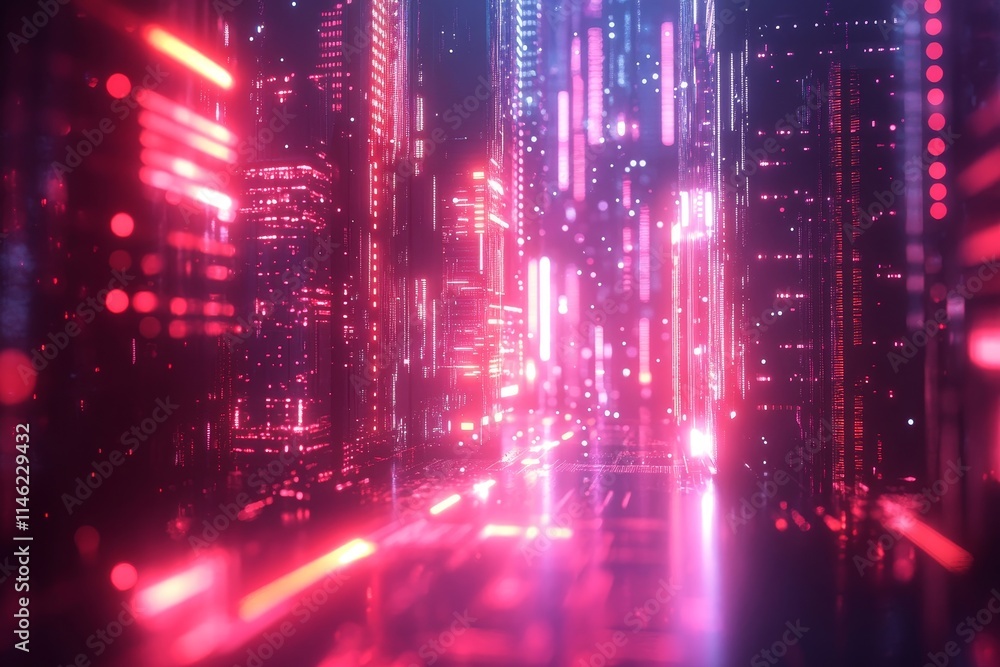 Poster high tech abstract digital background with neon lights, generative ai