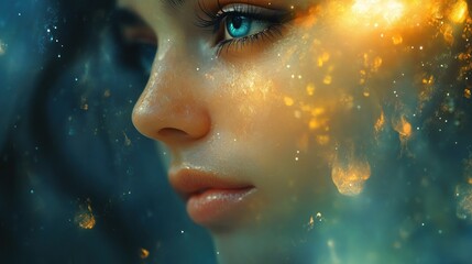 A close-up of a young woman's face with a dreamy, cosmic background.