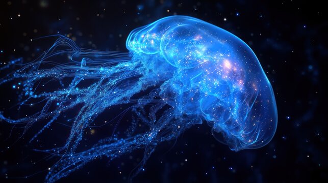 A luminous jellyfish glows in a cosmic backdrop, showcasing its ethereal beauty.