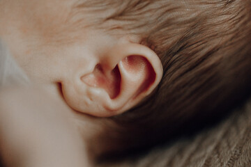 A baby's ear is shown in detail, with the ear lobe and the ear canal visible. Concept of innocence and curiosity, as the baby's ear is a symbol of its developing sense of hearing