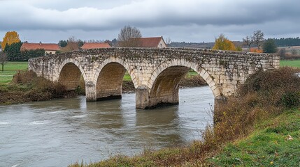 Fototapeta premium A historic stone bridge spanning a river, surrounded by greenery and cloudy skies.
