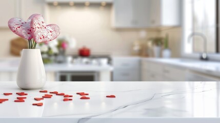 White marble counter with scattered heart-shaped confetti, a blurred Valentine's Day backdrop. 
