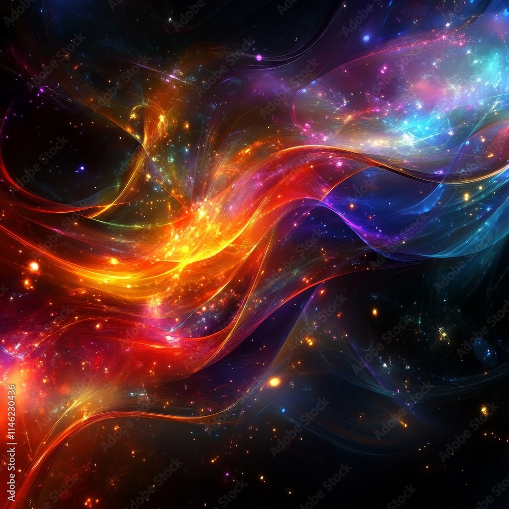Poster chaotic color mixing abstract design with glowing colors, generative ai