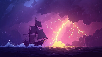 Fototapeta premium Illustration of a pirate ship sailing on a stormy sea, with lightning striking in the background.