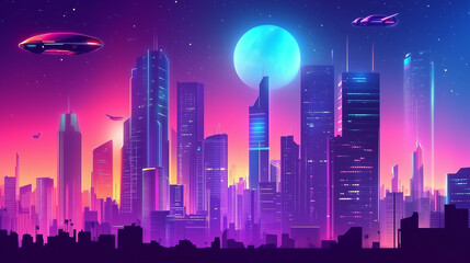 A futuristic city skyline at dusk, with flying cars and skyscrapers lighting up